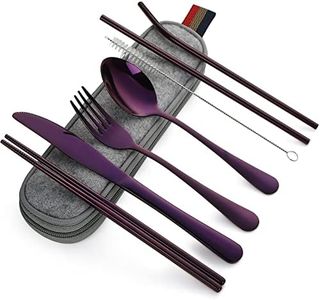 DEVICO Portable Utensils, Travel Camping Cutlery Set, 8-Piece including Knife Fork Spoon Chopsticks Cleaning Brush Straws Portable Case, Stainless Steel Flatware set (Purple)