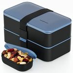 Bentoheaven Premium Bento Box Adult Lunch Box with 2 Compartments (40oz), Cutlery & Set of Chopsticks, Large Dip Container, Cute Black Japanese Bento Box, Rectangle, Microwavable (Steel My Heart)