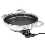 Electric Skillet By Cucina Pro - 18/10 Stainless Steel, Non Stick Interior, with Glass Lid, 12" Round