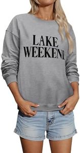 Ezcosplay Women Cute Lake Weekend Sweatshirt Letter Print Shirts Casual Loose Pullover Tops Light Gray