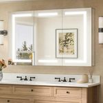 TETOTE 48 x 32 Lighted Medicine Cabinet with LED Lights, 3 Door Recessed or Wall Mount Bathroom Cabinet, Led Vanity Cabinet Mirror, Tempered Glass, Outlets & USB, Adjustable Shelf, 3-Color Lights