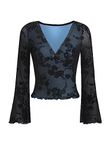 Floerns Women's Floral Print Flare Sleeve Lace Trim Mesh Crop Top Tee Shirts, Blue, X-Large