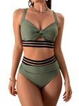 Eomenie High Waisted Tummy Control Two Piece Swimsuits Hollow Bikini Sets Criss Cross Twist 2 Piece Bathing Suits, Army Green, Large