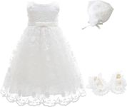 Glamulice Baby Girl Flower Christening Baptism Dress White Formal Party Floral Embroidered Dresses Lace Blessing Christening Gown Sleeveless Newborn Birthday Party Holiday Dress & Hat & Shoes 3M/ 0-6