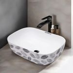 SUMRA G Ceramic Luxurious European Designer Style Table Top Over Countertop Wash Basin Premium Imported Vessel Bathroom Art for Living Room, Kitchen, Bedroom, Restaurant, Hotels (White Black Leaf)