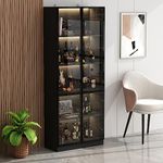 Homsee Bookcase Bookshelf with 5-Tier Shelves, 4 Glass Doors and LED Lights, Wooden Display Storage Cabinet for Home Office, Living Room, Black (31.5”W x 14.2”D x 78.7”H)