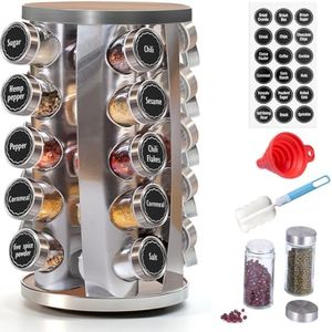 KITment Rotating Spice Rack Organiser with 20 Spice Jars, Revolving Spice Rack Tower Seasoning Organizer for Kitchen Cabinet Countertop, with 144 Preprinted Spice Labels