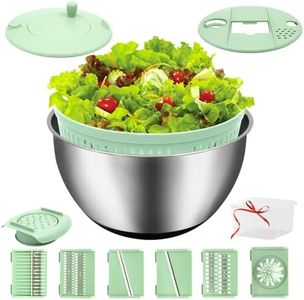 VVAKAM 5.3QT Salad Spinner Large,Stainless Steel Lettuce Spinner,Fruit Vegetables Wash Bowl with 5 Blade Slicer,Egg Yolk Strainer Slicer Shredder,Kitchen Colander for Salad Make and Food Washing