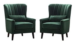 FESTIVAL BAZAR Modern & Luxury Furniture Single Seater Armchair Fabric Accent Upholstered Chair Wing Back with Solid Wooden Legs Living Room Set of 2 (Green)