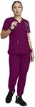 STAT MEDICAL WEAR Women Scrub Set, V-Neck Top with 3 Pockets and Drawstring Jogger Pant with 5 Pockets - 100210, Wine