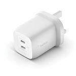 Belkin 65W Dual USB Type C Wall Charger, Fast Charging Power Delivery 3.0 with GaN Technology, USB Plug fast charger for iPhone 16, 15, 14, iPad, MacBook, Samsung Galaxy S24, Pixel and more - White