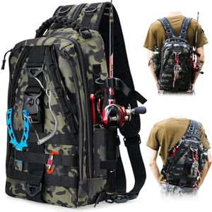 LYtech Mochila de Pesca con Soporte para Caña, Bolsa de Aparejos de Pesca Impermeable al Aire Libre Sling Bolsa de Equipo de Pesca Transpirable Mochila de Almacenamiento Hombro para Pesca Senderismo