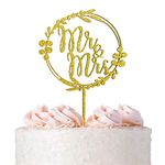 Wedding Cake Topper, Mr Mrs Wooden Cake Topper, Cake Topper for Wedding Man and Women Marry Happy Wedding Party Supplies Cake Decoration (Shiny Gold)