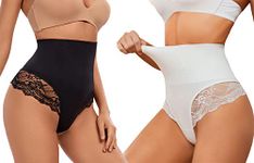 SURE YOU LIKE Tummy Control Thong Shapewear for Women Sexy Lace Underwear Seamless Body Shaper Panties (Black+White, 12-14)