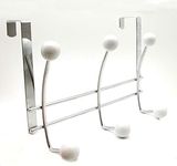 Over The Door Hook Rack Chrome Finish with 6 White Ball Ends - Double Metal Hanger Fits Standard Doors for Hats Coats Towels Bags Scarves - Entry Closet or Bathroom Use
