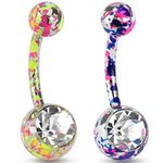 Pair of 14ga Paint Splatter Design Belly Navel Rings with Large CZ Gem