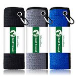 FINGER TEN Golf Towels for Golf Bags 3 Pack with Clip Waffle 15.7” X15.7” Value Set, Towel for Men Women Club Cleaning Hook Loop in Color Black Blue Grey (Set A)