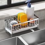 Cliplanyard Kitchen Sink Organizer, 304 Stainless Steel Kitchen Sponge Storage with Automatic Drain Tray, Sink Caddy Cleaning Products Organiser for Storage Sponge, Brush, Dish Soap (Silver)