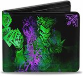 Buckle-Down Men's PU Bifold Wallet-The Joker Card Flipping Poses Black/Greens/Purples, Multicolor, 4.0" x 3.5"