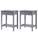 COSTWAY Bedside Table, Compact Nightstand End Sofa Side Table with Drawer and Storage Shelf, Solid Wood Legs Bedside Cabinet Accent Tea Table for Living Room Bedroom, 47x36x62cm (2PCS, Grey)