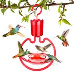 ORIENTOOLS Hummingbird Feeders for Outdoors Hanging 3.5oz Plastic Humming Birds Feeders with Ant Moat friendly to nature and Wild Birds with 3 Flower Portholes for Garden Yard, Bright Red