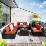 WWR 7 Pieces Patio Set, Wicker Conversation Sets with Cushion and Table, 7-Pieces Couch,Patio Furniture Set for Porch Poolside Backyard, Brown Frame Modular Sofa Set