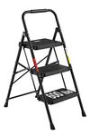 BONTEC 3 Step Ladder, Capacity 272KG with Wide Anti-Slip Pedals, Folding Steel Step Stool, Sponge Handlebar, Lightweight Portable Ladder Suitable for Home, Kitchen, Pantry, Indoor/Outdoor Use, Black