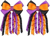 Halloween Hair Bow Clips 3 Inch Curly Ribbon Hair Clips Handmade Kids Girls Trick or Treat Hair Accessories for Halloween Party Decor, Black & Orange & Purple