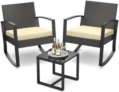 Qsun 3 Pieces Porch Furniture Set Patio Rocking Bistro Set Outdoor Patio Chairs Rattan Conversation Sets with Coffee Table for Front Porch Garden Balcony Backyard Poolside (Beige Cushion)