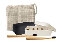 EDARTO® 2 Soap Dishes Sustainable, Eco-Friendly, Resealable Bamboo with Drip Tray and Lid + 2 Bamboo Toothbrushes + 2 x Soap Bags 100% Natural Sisal for Body Scrub