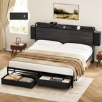 HAUSOURCE King Bed Frame with Storage Headboard Bed Frame King Size with 4 Storage Drawers Built in Charging Station Metal Heavy Duty Platform Non-Slip Without Noise No Box Spring Needed Black