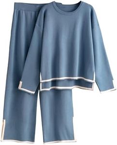 Tanming Women's 2 Piece Outfits Long Sleeve Knit Sweater Top Wide Leg Pants Lounge Sets Tracksuits (Blue, Medium)