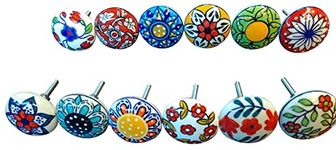 Ajuny Set of 12 Multicolor Vintage Look Flower Ceramic Knobs Door Handle Cabinet Drawer Cupboard Pull Indian Hand Painted