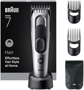 Braun Haarschneider Series 7, Haarschneidemaschine und Rasierapparat für Herren, Haartrimmer mit Ultrascharfe Klingen, 17 Längen, 5 Zubehörteile, 50 Min. Akku, Abwaschbar, HC7590, Grau