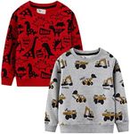 LOKTARC 2 Pack Toddler Boys Sweatshirts Patterned Long Sleeve Pullover Crewneck Tops Shirts, Red Dinosaur + Grey Excavator, 3-4T