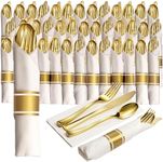 Prestee Pre Rolled Gold Plastic Silverware Set - 400 Pieces Disposable Silverware Set with Napkins for 100 Guests - Wrapped Flatware with Forks, Knives, Spoons, White Napkins for Events and Holidays