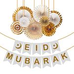 Party Propz Eid Milad Un Nabi Decoration Item- Pack Of 9 Eid Mubarak Banner And Paper Fans Decoration Set | Eid Mubarak Decorations For Home | Eid E Milad Decoration