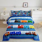 Cartoon Train Comforter Set Twin Size for Kids Boys,City Road Train Tracks Quilt Set Colorful Transport Vehicles Bedding Set 2Pcs,Fashion Navy Geometric Stripes Duvet Insert,1 Pillowcase