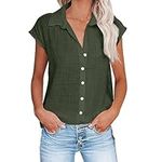 Linen Tops for Women Summer Button Down Shirts 2024 Trendy Work Shirt Tees Casual Short Sleeve Loose T-Shirts Hauts En Lin Femmes Sold and Shipped by Only Products Army Green