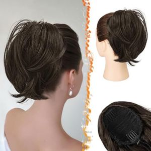 BARSDAR Straight Hair Bun Extensions - Drawstring Dark Brown Hair Bun Scrunchies - Short Straight Ponytail Hairpieces Daily