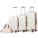 Kono Luggage Sets of 4 Piece Lightweight ABS Hard Shell Cabin/Medium/Large Suitcase with TSA Lock + Ryanair 40x20x25cm Cabin Bag (Cream White, 4 Piece Set)