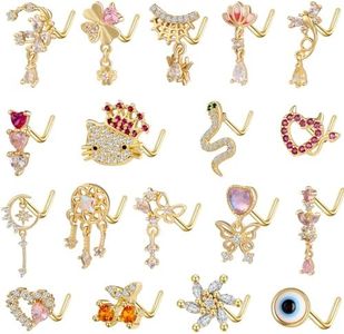 TAMHOO 18Pcs 18G Nose Rings L Shape Nose Ring Stud for Women-Butterfly Nose Ring - Heart Nose Ring- Gold Nose Studs for Women (#7-D style -golden)