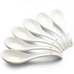 White Asian Soup Spoons Set of 6, IQCWOOD Ultra-fine 6.75 inch Porcelain Tablespoon, Chinese/Japanese Ceramic Soup Spoons for Cereal, Small Spoons for Ramen- Deep Oval Hook Design