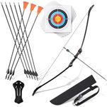 crazymouse Bow and Arrow for Teens Beginners Adults Longbow Kit 8 Arrows 5 Target Face Archery Recurve Bow Set Backyard Games Gift for Outdoor Sports (Black Archery Bow Set)