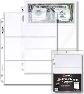 BCW Pro 3-Pocket Currency Page - 20 ct | Archival Quality, Toploader Pockets, High-Clarity Polypropylene | Ideal for 3½"x8" Bills | Numismatic Collection Storage and Display | Clear Money Sleeves