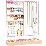 ProCase Earring Holder Necklace Organizer Jewelry Stand, 144 Holes Jewellery Organizers Earring Display Storage Rack with Removable Wooden Ring Tray for Bracelets Rings, Gifts for Women Girls -Pink