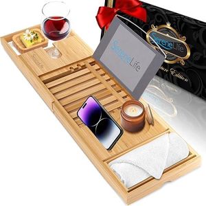 SereneLife Bamboo Bathtub Caddy Tray – Expandable, Adjustable Bath Shelf with Book/Tablet Holder & Removable Accessory Trays (Natural Finish)
