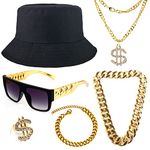 Gionforsy Hip Hop Costume Kit 80s 90s Rapper Accessories Bucket Hat Sunglasses Gold Chain Bracelet Ring