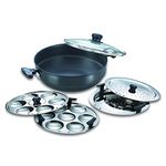 Prestige Hard Anodised Multi Kadhai | 28 cm | Black | Induction Base | Multi-Purpose Accesories - Idli Stand, Dhokla Stand and Steamer | Round Bottom | Durable Handles