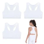 FUIPVGI 3 Pack Girls Bra, Crop Tops for Girls, Soft Cotton Girls Sports Bra Kids Underwear Non Padded Training Bra for Girls Kids 8-14 Years (White)